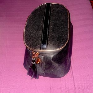 Sabon Cosmetic Case Shimmering Black Print and rustic tags and Tassle at zipper